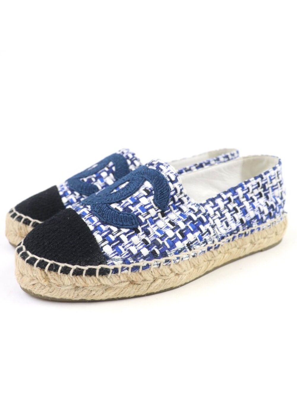 Chanel CC Logo Espadrilles Tweed Flat Shoes Blue
